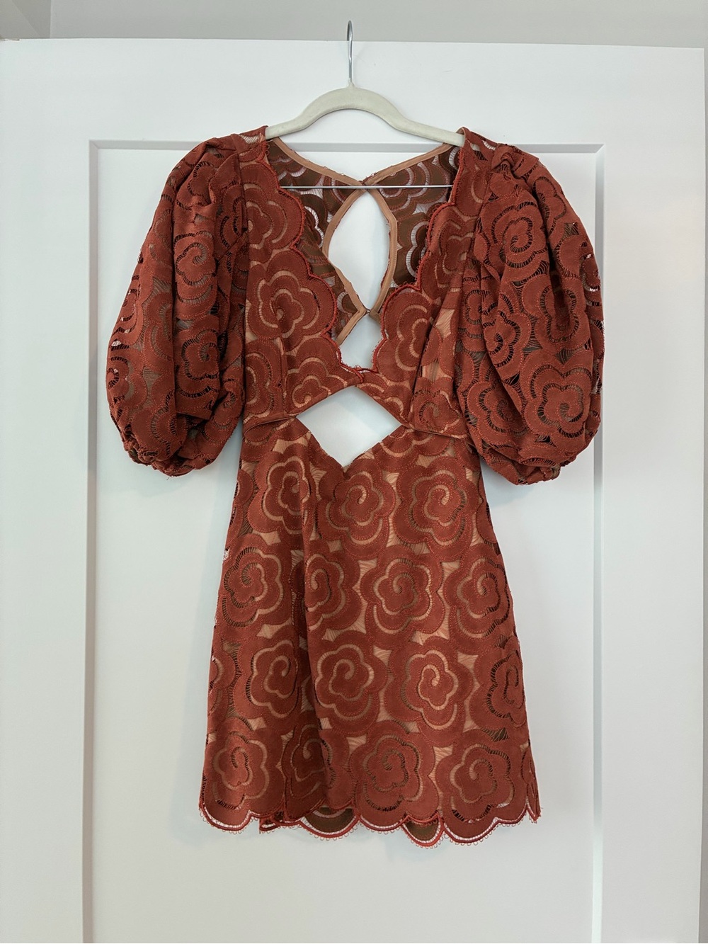 For Love & Lemons Rust Lace Puff-Sleeve Cutout Mini Dress